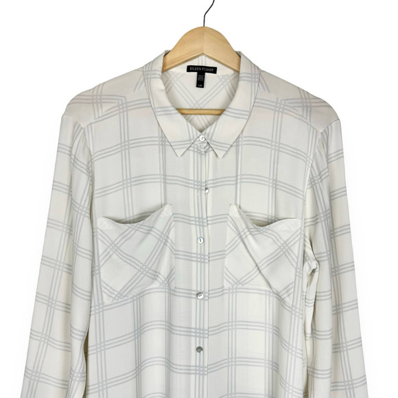Eileen Fisher White Window Pane Button Down Tunic Top Size Large 100% Silk - Picture 6 of 14